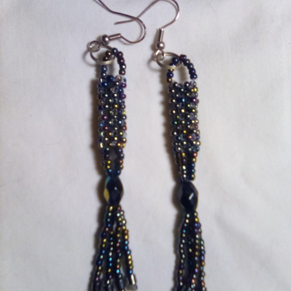 Hand Crafted  Charcoal Blue like Beaded Earrings